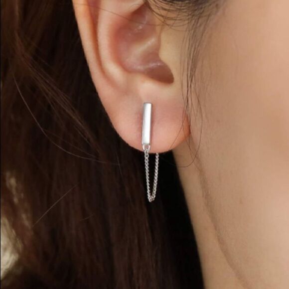 14k Gold/ Sterling Silver Cuban Chain Bar Earrings - Picture 9 of 15